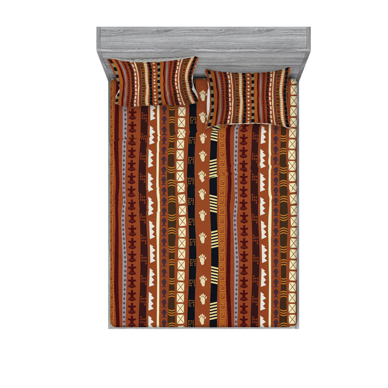 Microfiber Geometric Sheet Set, Queen Sheet Set with Fitted Sheet, Cultural Ornaments Striped