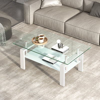 Table basse en verre trempé transparent, table basse de salon à 2 niveaux, table