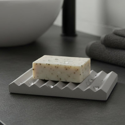 Concrete Cement Hand Soap Dish, Ribbed Drainage Design, Grey