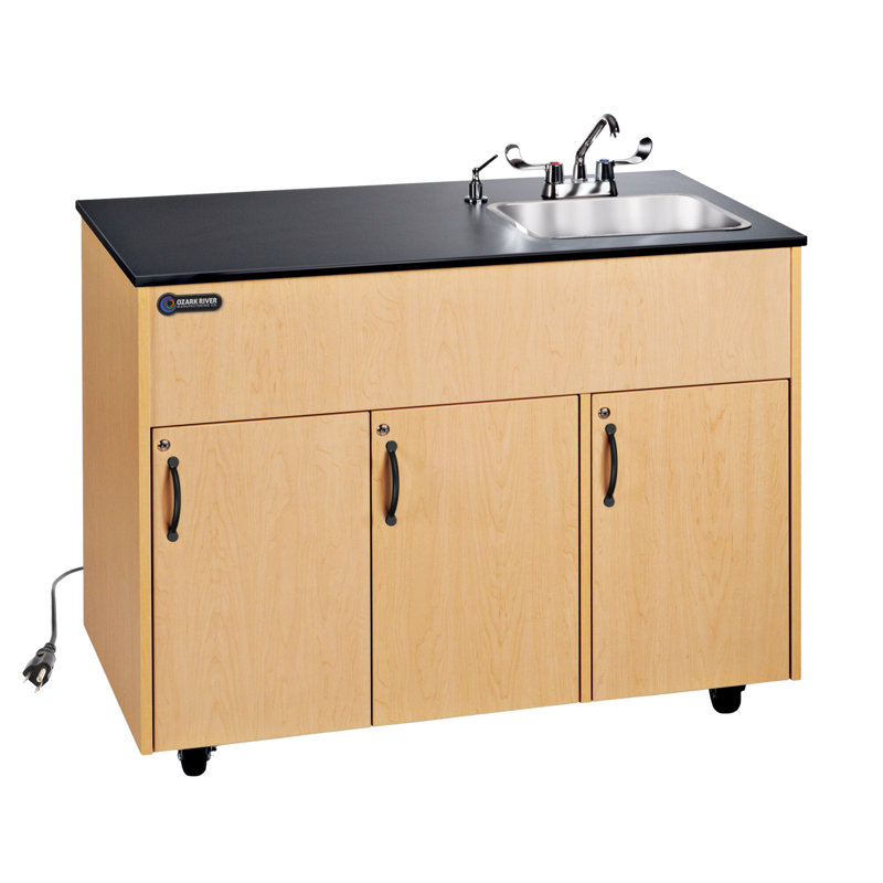 Ozark River Portable Sinks, Advantage 1D, Maple Laminate Cabinet-Laminate Countertop, Hot Water Hand Washing Station with Countertop & Storage Space, NSF-Certified Portable Sink with Tanks and Wheels