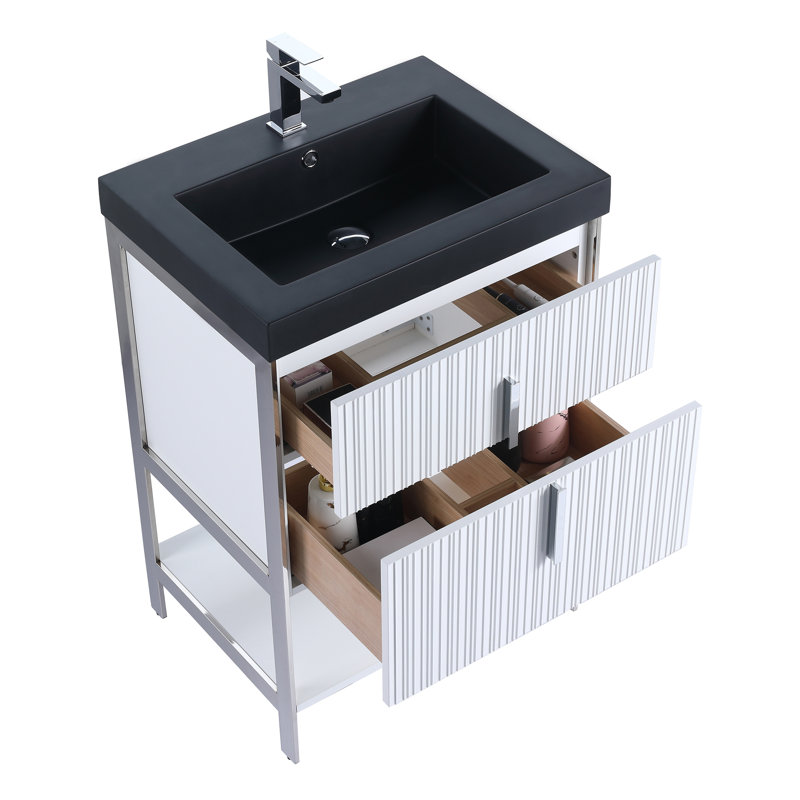  Meuble-lavabo moderne avec plateau en gel acrylique noir Serenity, Chrome/blanc, 24", Noir
