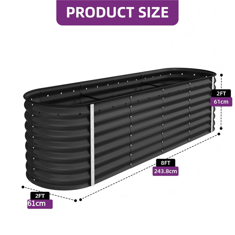 Beyhan Metal Raised Garden Bed, Black, 24" H x 96" W x 24" D