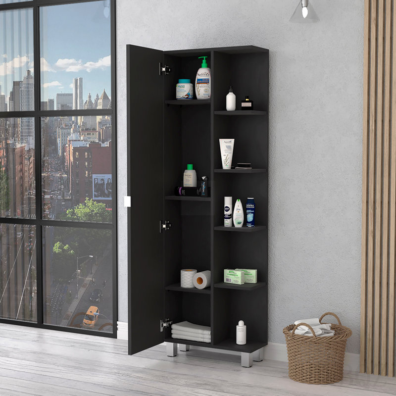 Armoire à miroir en lin, quatre tablettes intérieures, cinq tablettes extérieures - noir, 62.2" H x 20.2" W x 8.5" D