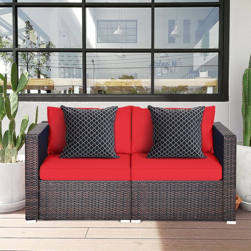 Causeuse en osier de 59 po de largeur avec coussins, Rouge