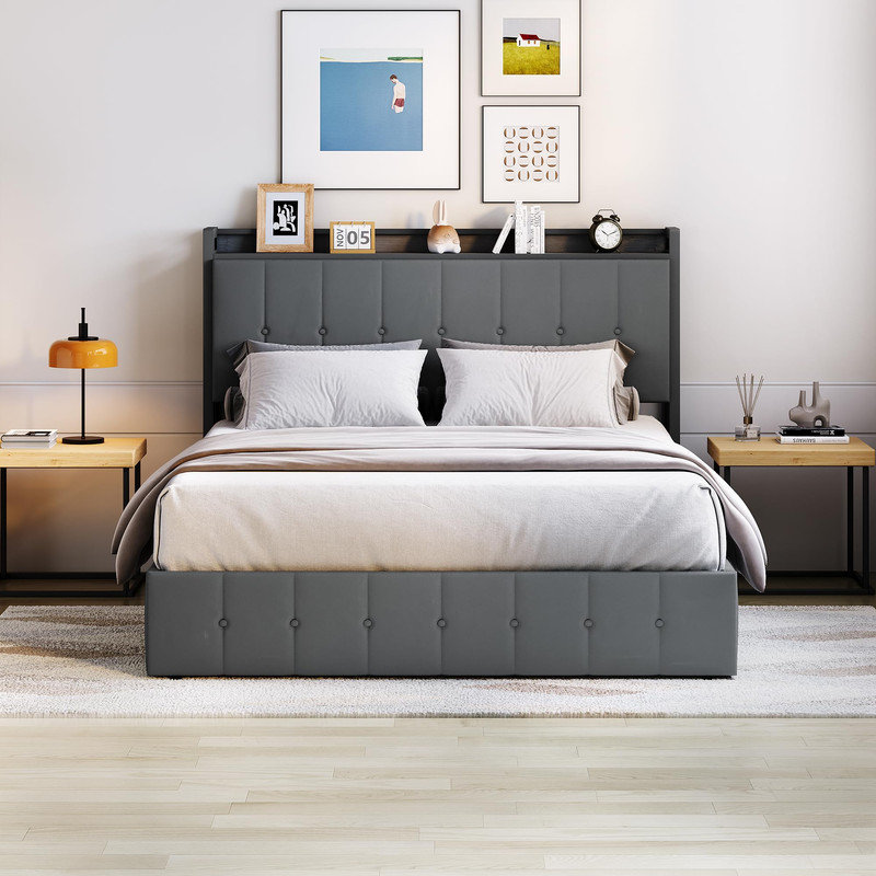 Full Size Button Tufted Velvet Storage Bed Frame with Gas Lift Platform, Headboard with Display Shelf and Hidden Under-Bed Compartment, Wood Slat Support Base