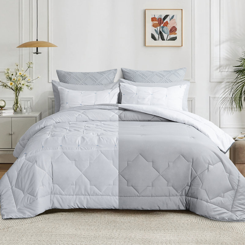 Pintuck Embroidered Microfiber Reversible 3 Piece Comforter Set, White, Queen Comforter + 2 Standard Shams