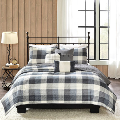 6 Piece Herringbone Quilt For King/ King, Grey Buffalo Plaid Design, Handmade Embroidery On Decorative Items With Style Color Pattern, All Over, 2 Shams 3 Pillows