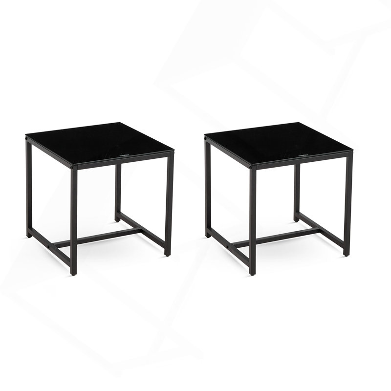 2 pièces Table de chevet en verre noir, table de bout en panneau de fibres à densité moyenne, petite table de thé, canapé avec pieds en métal