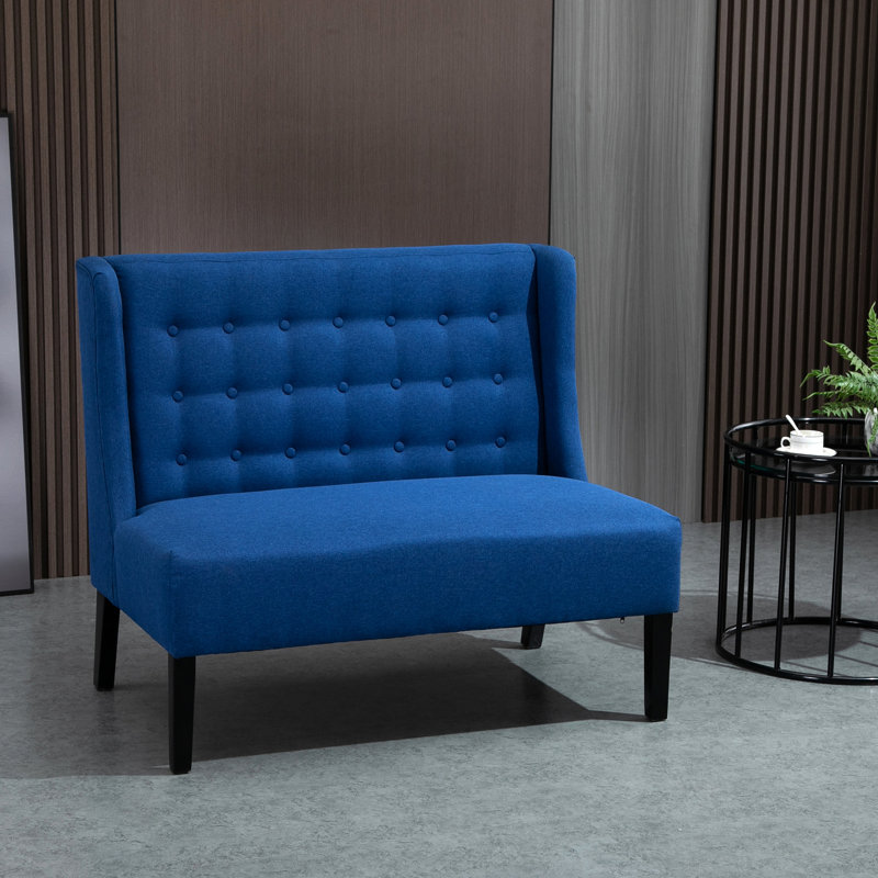 Blue Wingback Double Couch With Soft Cushion And Wood Frame Structure Elegant Linen Fabric Button Tufting Robust Legs,