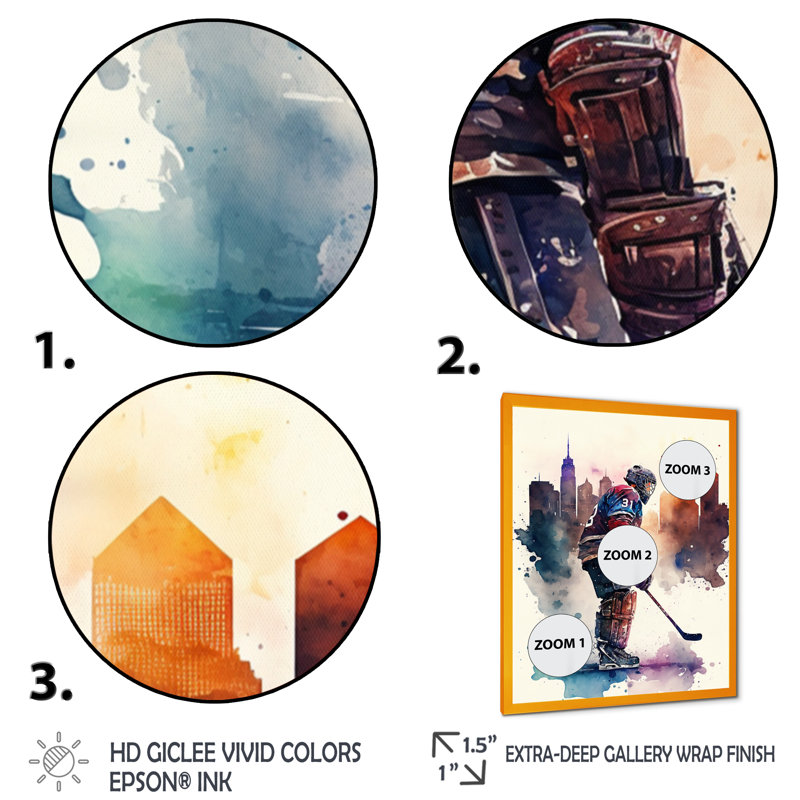 Joueur de hockey devant le paysage urbain I - Impression sur toile, H 32 po x l 24 po x P 1 po