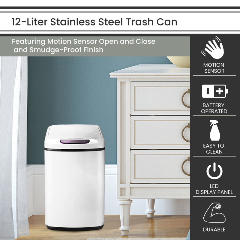 White Stainless Steel Touchless Trash Can with Sensor Lid