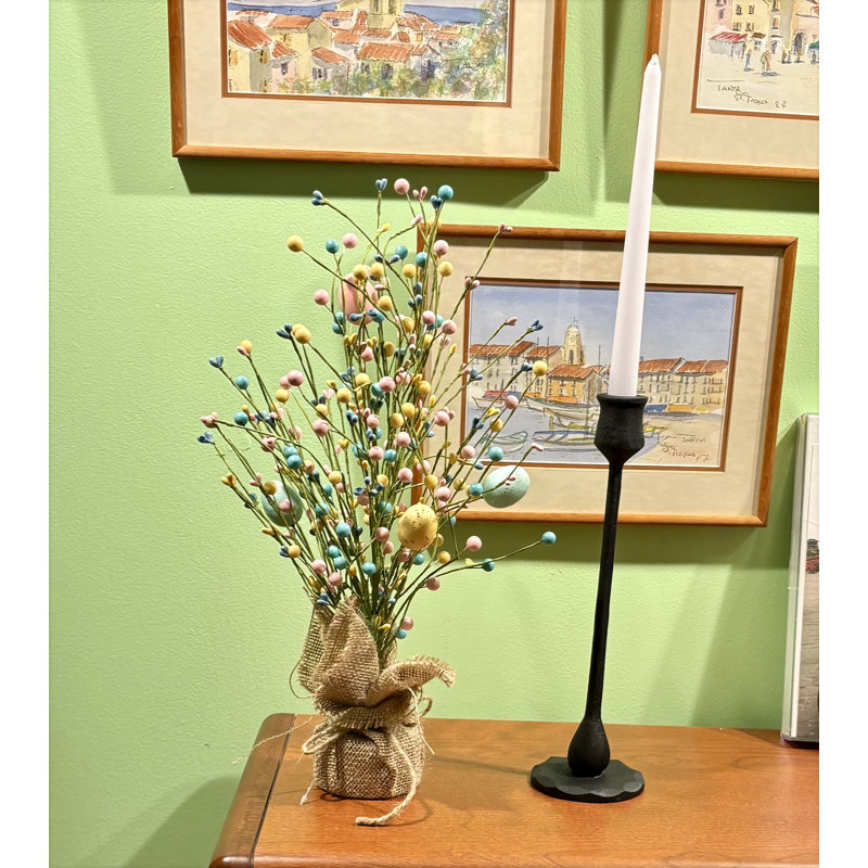 18" Easter Eggs And Berries Tabletop Tree In Burlap Sack Base