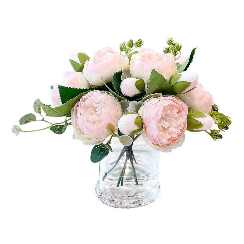 Silk Peonies In Glass Vase Arrangement, Pink Green Ombre