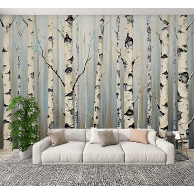 Peel and Stick Wallpaper Birch Tree Forest Painting Soft Neutral Blue Tones Wall Murals 100"H x 144"W Removable PVC Wall Paper Self-Adhesive Wall Decor for Bedroom Living Room Home Office