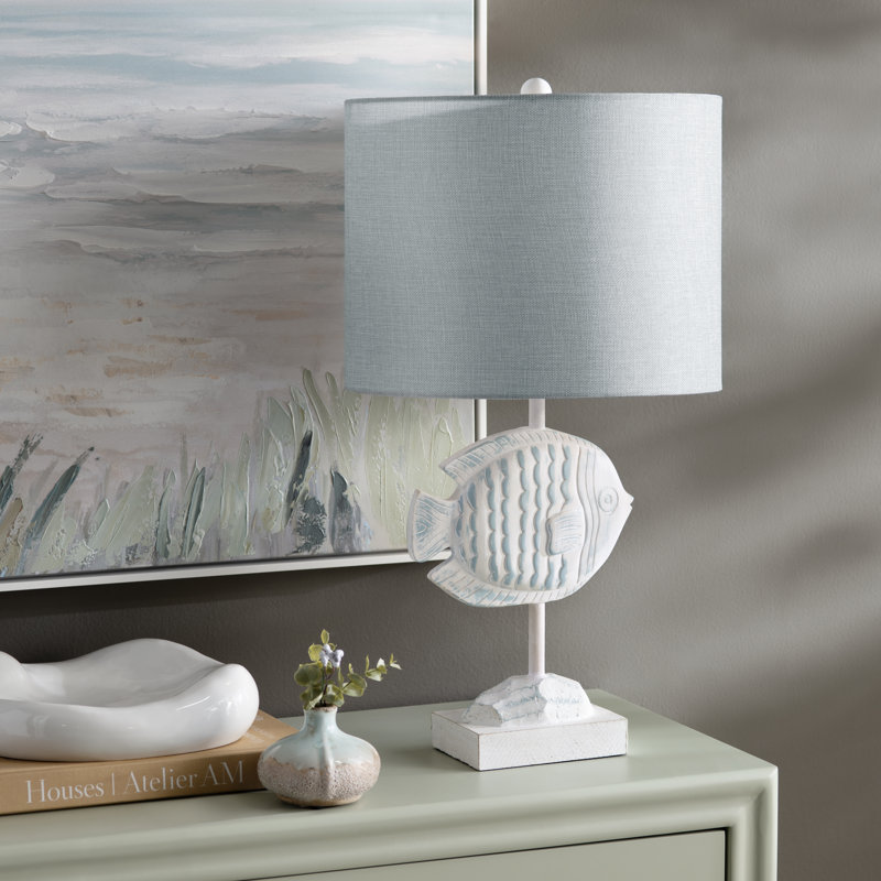 Light Blue And White Resin Fish Table Lamp With Shade