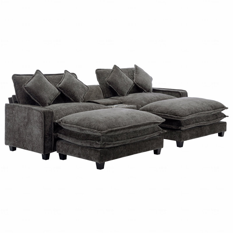Basic Sectional Sofa, 111"  Sofa Chenille Upholstered Sofa With Two Removable Ottoman, Two Usb Ports, Two Cup Holders And Large Storage Box