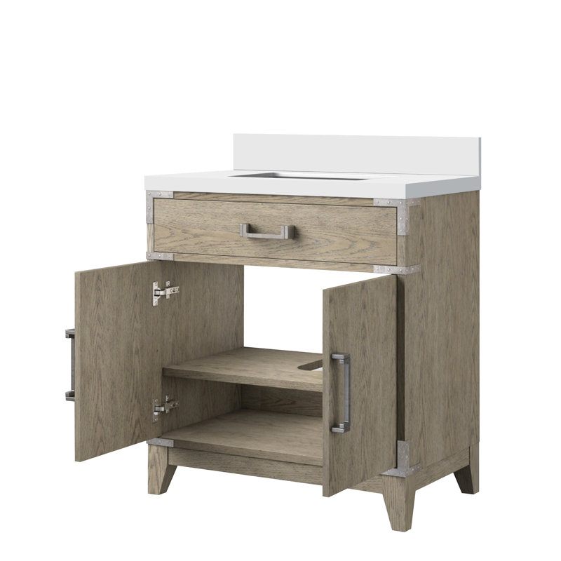 Meuble-lavabo simple en chêne gris 30 x 22 avec comptoir en quartz