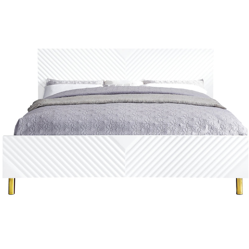 Grand lit, finition ultrabrillante, motif ondulé, pieds en métal, aucun sommier nécessaire, structure entièrement en kd, capacité de poids de 660 lb, limite