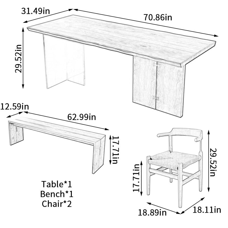 Ensemble de table de salle à manger en bois de frêne, H 29,52 po x L 70,86 po x l 31,49 po