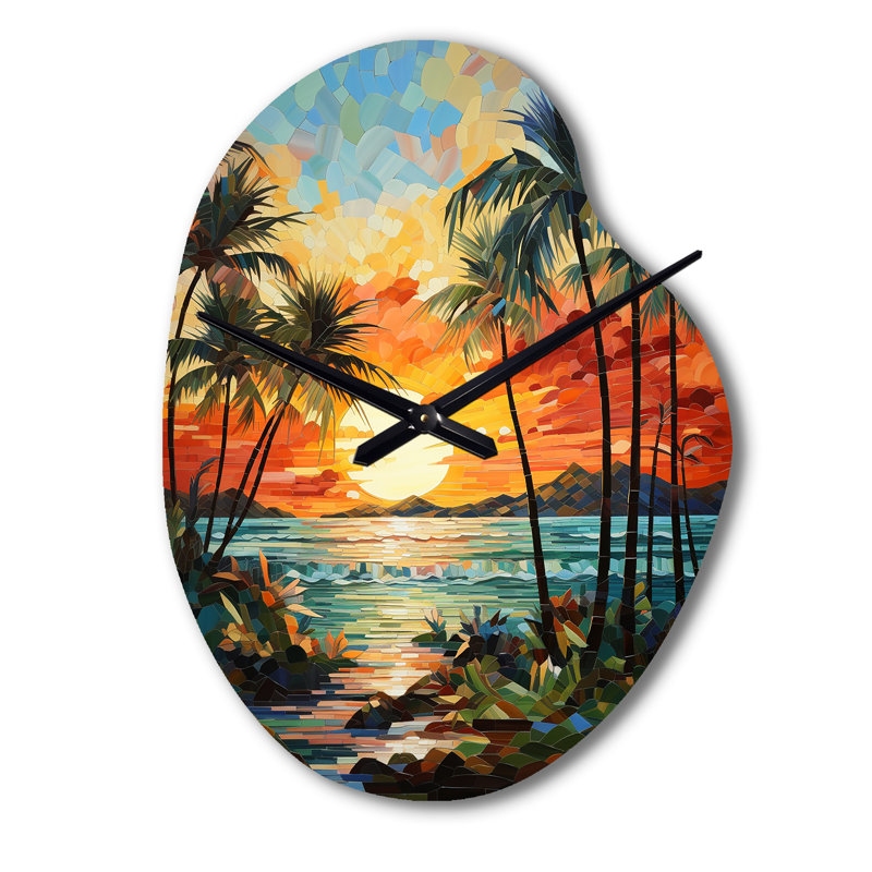 «Orange Palm Trees Mosaic III», horloge murale asymétrique en métal orange, Petit