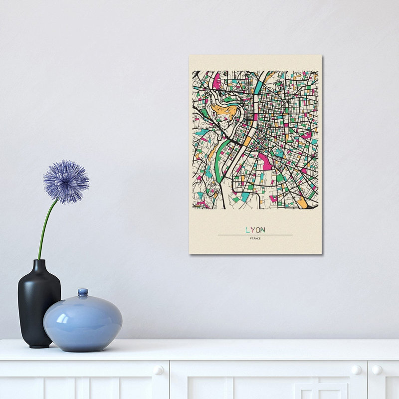 Lyon, France Map by Ayse Deniz Akerman - Wrapped Canvas Print, 30.48 cm H x 45.72 cm W
