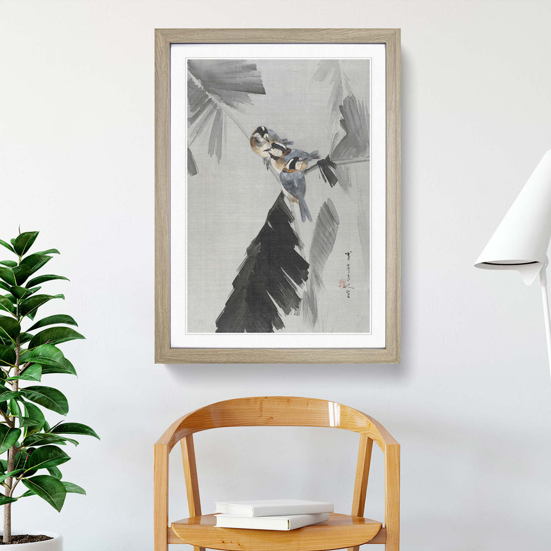 Three Birds on a Branch by Watanabe Seitei - Framed Print