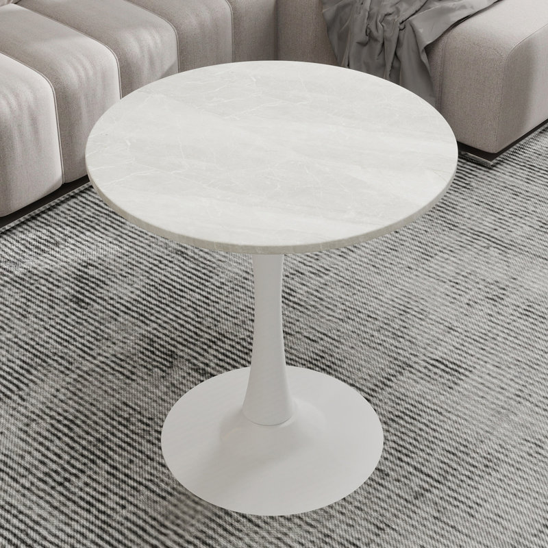 Table basse de 27,6 pouces de style Mid-Century moderne, pouvant accueillir de 2 à 4 personnes, dotée d'un plateau rond en marbre veiné de blanc, parfaite pour divers espaces.