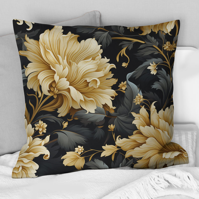Coussin décoratif en polyester damassé luxueux noir et beige, H 18 po x l 18 po
