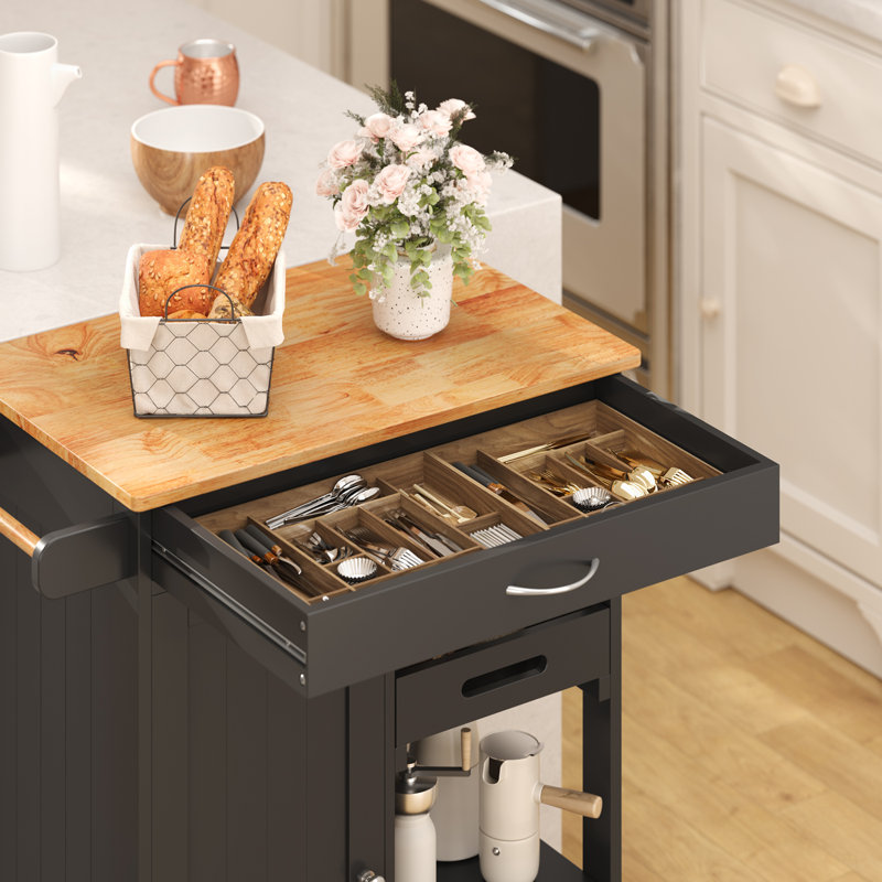 Solid Wood Top Kitchen Island Cart with Wheels, Drawers, Storage Cabinet, Towel Rack & Hooks, Black
