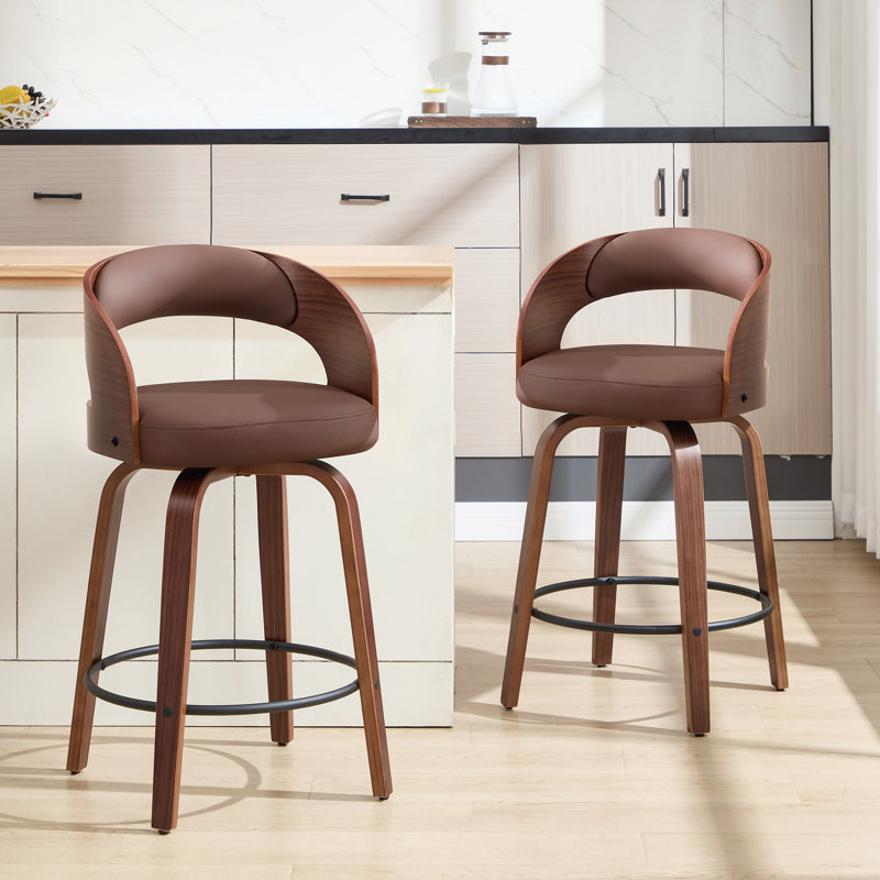 Tabouret de comptoir pivotant confortable avec pieds en bois massif durable, Café, 4