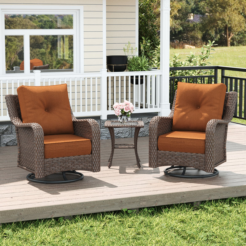 3 Piece Wicker Outdoor Furniture Set With 6-inch Comfy Cushions, High Back Patio Furniture Set With Swivel Rocking Chairs And Side Table