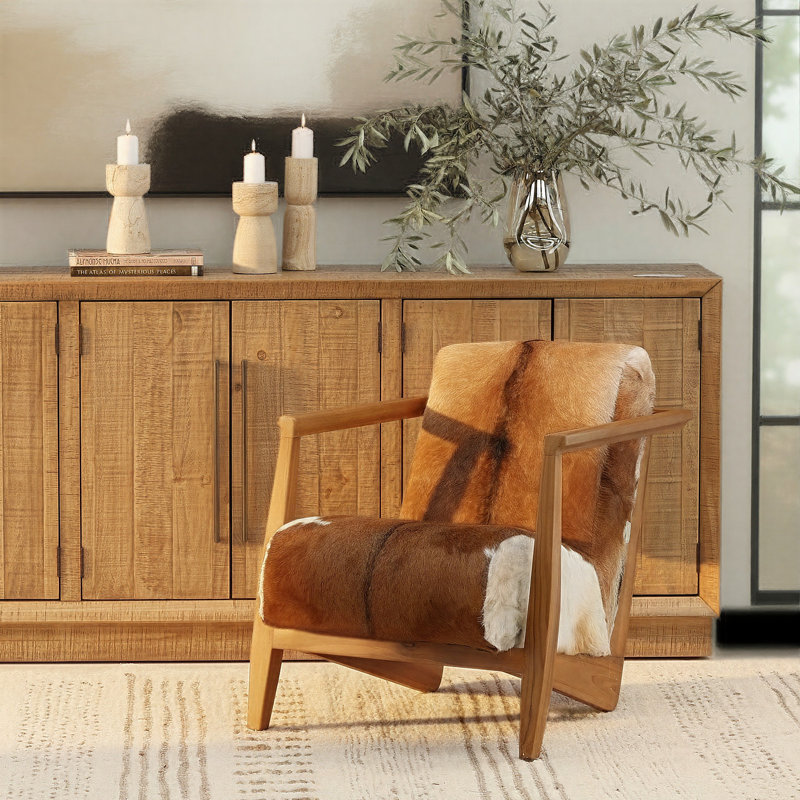 Fauteuil pivotant rembourré Doliver, Peau de chèvre brune / blanche véritable, Naturel
