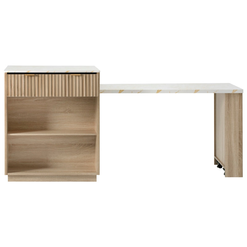 Îlot de cuisine cannelé 82,6 po avec table de salle à manger extensible pour 4 à 6 personnes, table d'îlot de cuisine avec prise de courant, table de cuisine avec rangement double, 2 tiroirs et 2 tablettes ouvertes latérales