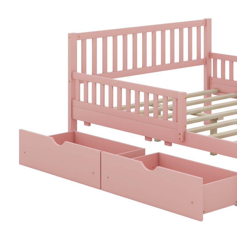  Wood Platform Bed With Guardrails And 2 Drawers, Full, Pink