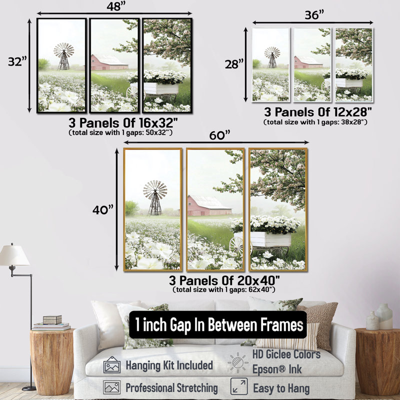 «Floral Farm Cart At The Barn II» - ensemble d'art mural grange, Toile avec cadre flottant brun, H 40 po x l 60 po x P 1 po