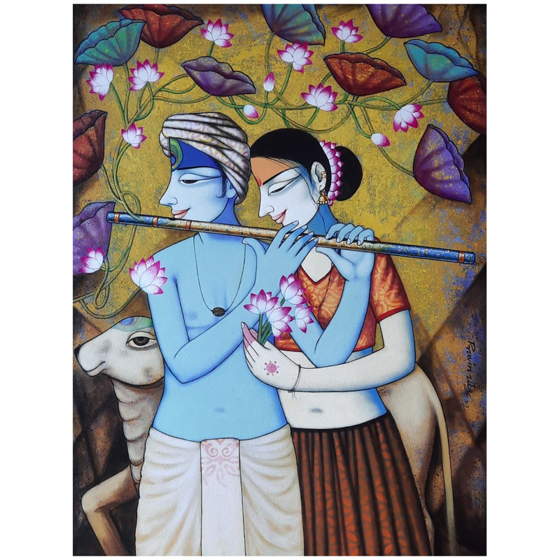 «Radha Krishna with Lotus», peinture acrylique sur toile par Pravin Utge