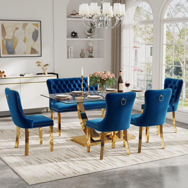 Rectangle Tempered Glass Dining Table Set with Tufted Bench, Luxury Dining Table with Tufted Velvet Dining Chair for Dining Room
