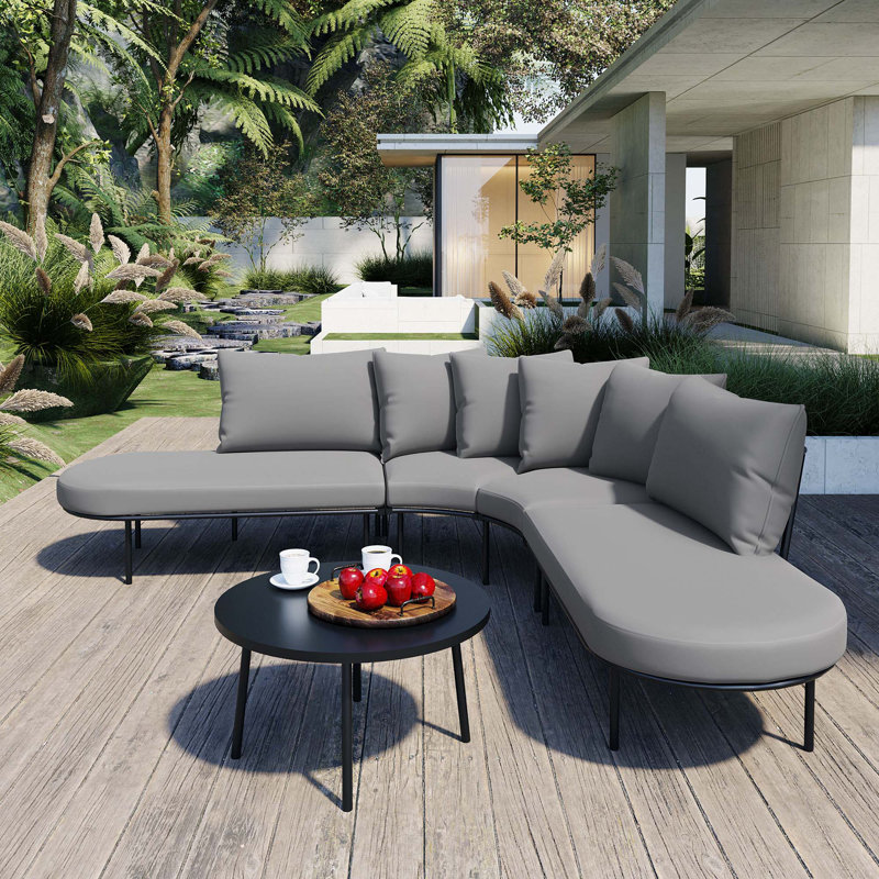 Ensemble de canapé courbé demi-lune pour terrasse avec table basse, Gris