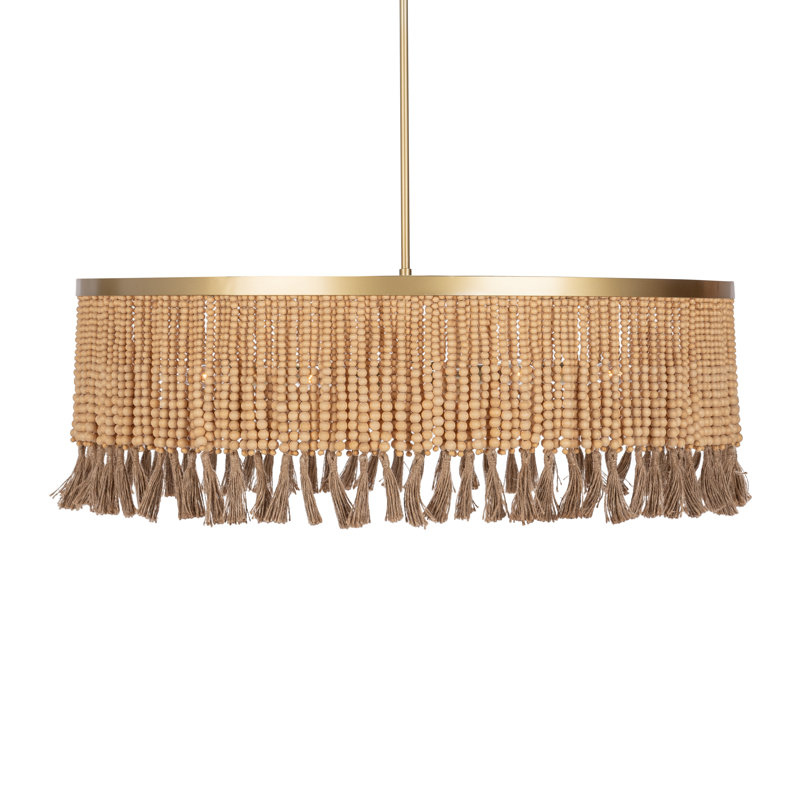 Natural Wood Bead Fringe Pendant Light with Gold Brass Rim