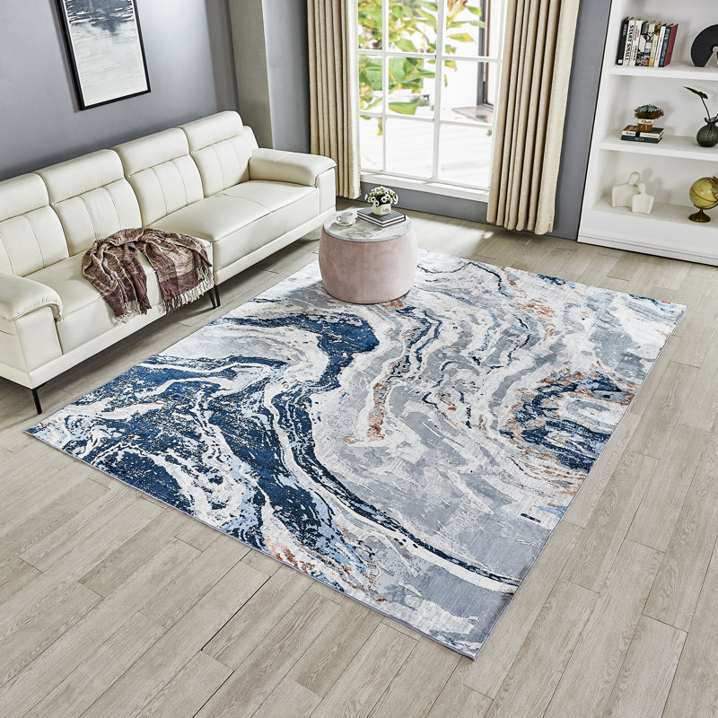 Kasperitis Non-Slip Machine Washable Abstract Area Rug in Blue/White/Grey for Living Room, Bedroom, Hallway Runner Indoor Rugs