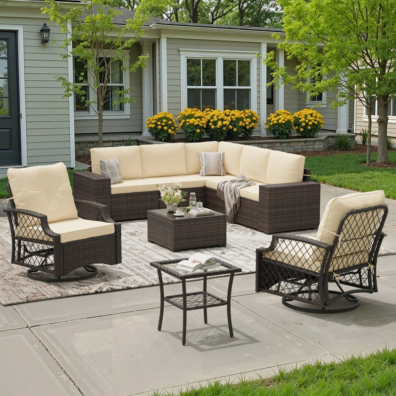 7 Person Patio Wicker Furniture Set With Swivel Rocking Chair, Cream