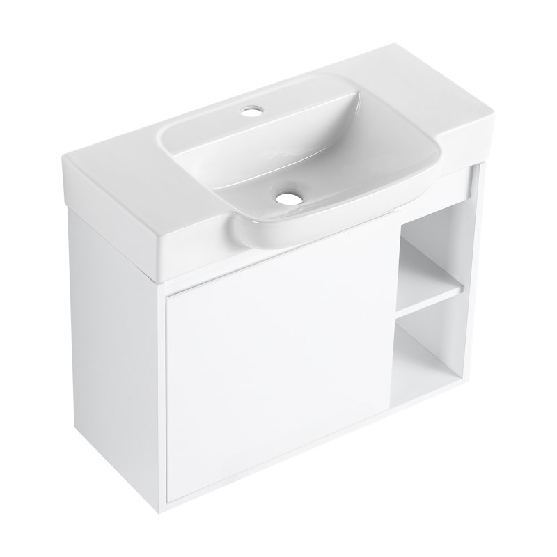 Meuble-lavabo mural compact avec lavabo en céramique, blanc brillant, design moderne