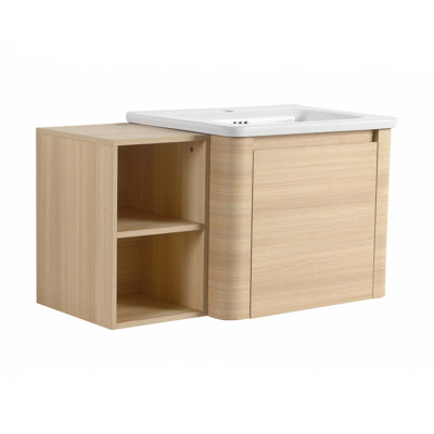 Meuble-lavabo mural avec lavabo en céramique et tablettes de rangement et 1 porte à fermeture en douceur