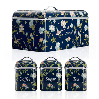 Laura Ashley Bread Bin and Set of 3 Canisters for Coffee/Sugar/Tea