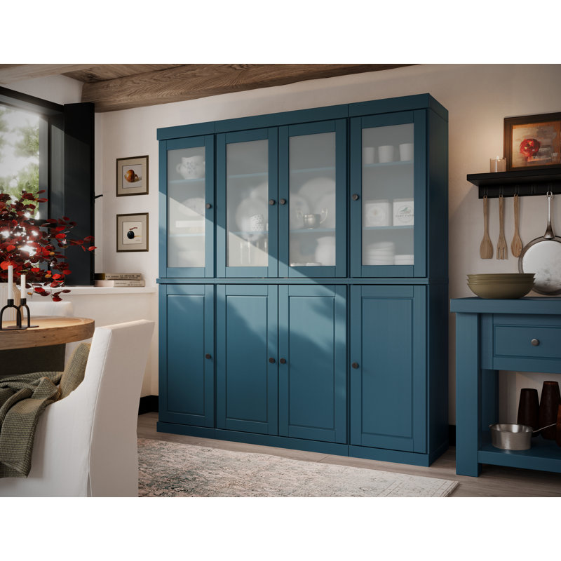Vaisselier 100% bois massif 65 "avec verre givré, portes solides et tablettes réglables, Bleu sarcelle