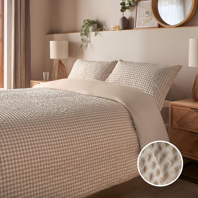 Silentnight Supersoft Natural Gingham Duvet Set, Kingsize Duvet Cover Set