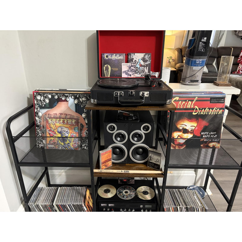Support de tourne-disque rustique à 3 niveaux avec prises de courant, lumières DEL à changement de couleur et support de rangement de plus de 350 bouteilles
