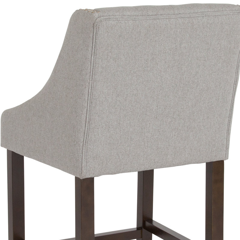 Light Gray Tufted Walnut Wood Counter Stools with Nail Trim, Set of 2