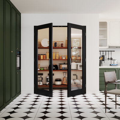 Interior 1-Lite Black & Clear Glass Door, CARB P2 MDF & SGCC Tempered Glass French Doors, Includes Satin Nickel Hardware-Ball Catches & Hinges & Handles, Pre‑Finished & Waterproof, Pantry, Bedroom, Bathroom & Closet, Easy DIY Stain, w/o Frame, 60"x 80"