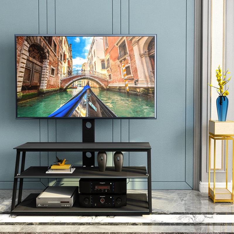 Black Tempered Glass Tv Stand With Multi Adjustment For 32 - 65 Inch Tvs Multi-Functional Options And Practicality